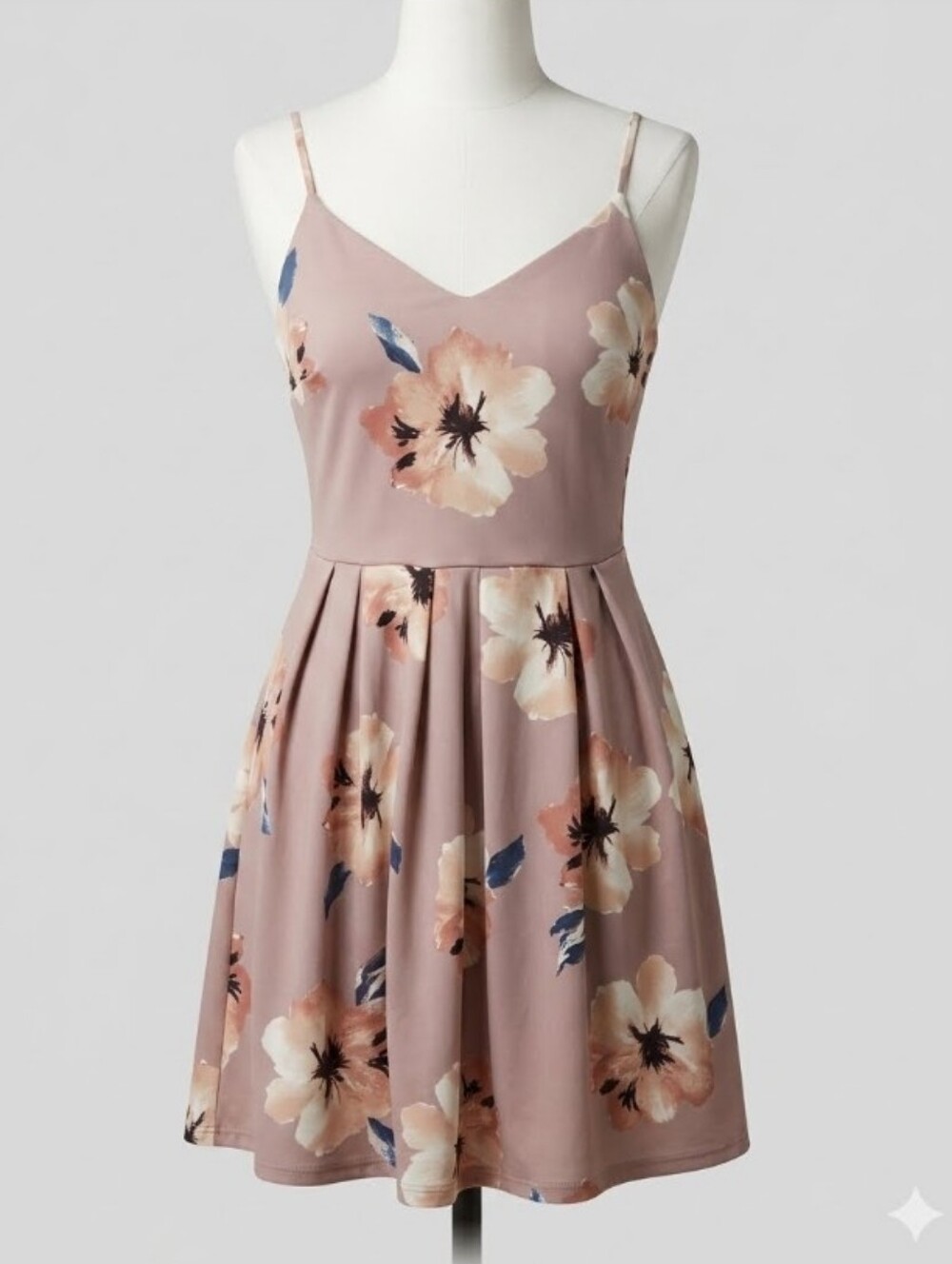Floral Large Spaghetti-Strap Fit & Flare Dress in Dusty Mauve Womens